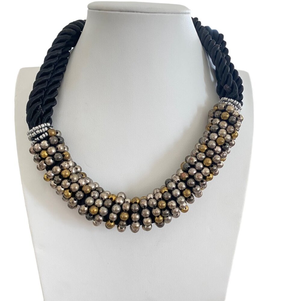 YOU & I satin Rope collar black necklace faux pearls chunky - Picture 2 of 7